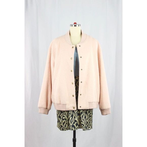 GANNI Inglewood Rose Smoke Pink Furry Wool Blend Varsity Bomber Jacket, Size L - Picture 3 of 15
